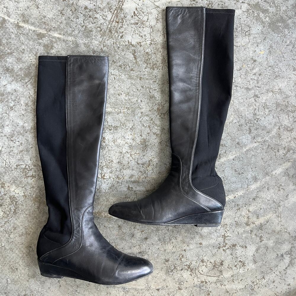 Stuart Weitzman 50/50 Black Leather "Plack" Wedge Knee High Boots Women’s 6 M